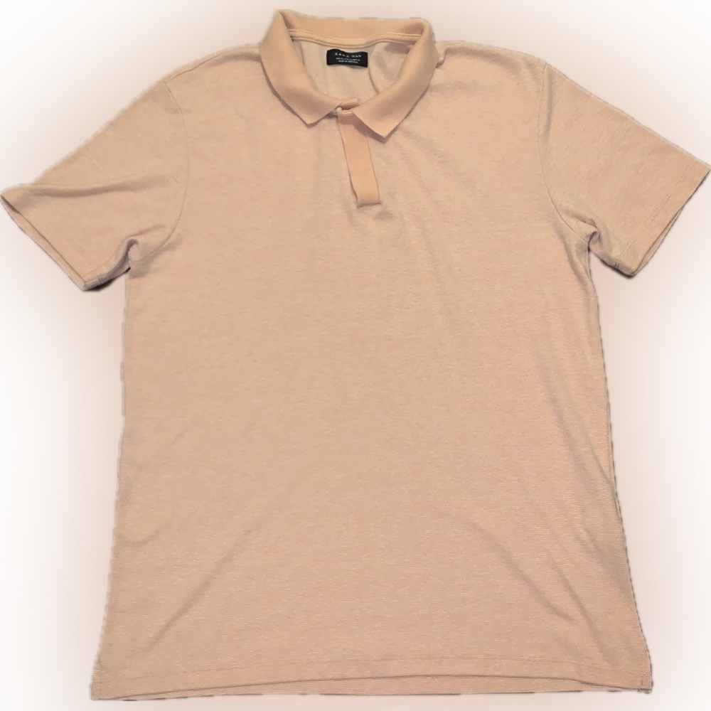 Zara Man Mens Salmon Peach Pink Euro Vacay Polo Shirt EUC